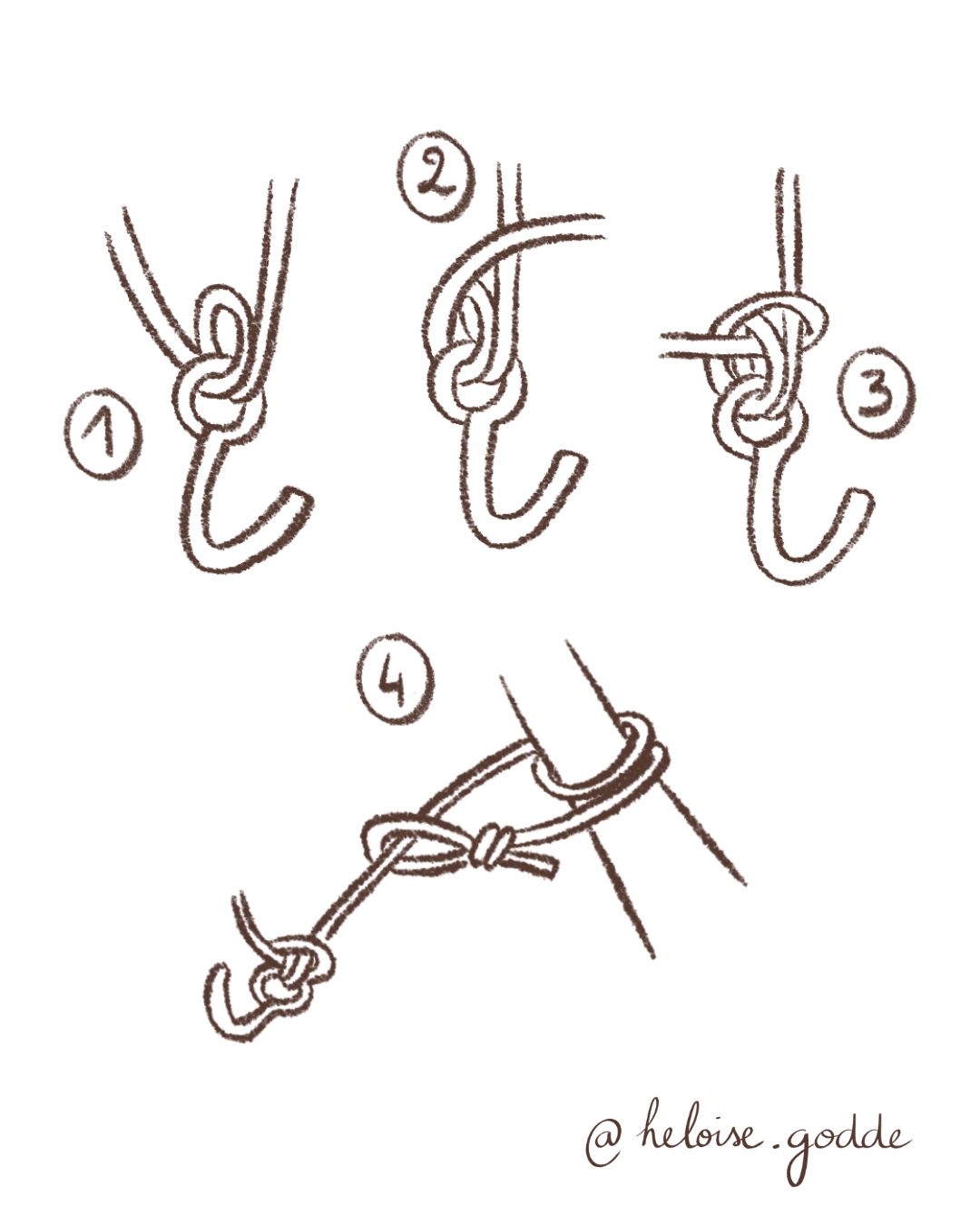 illustration des étapes pour accrocher son hamac en sécurité grâce au un nœud de grappin