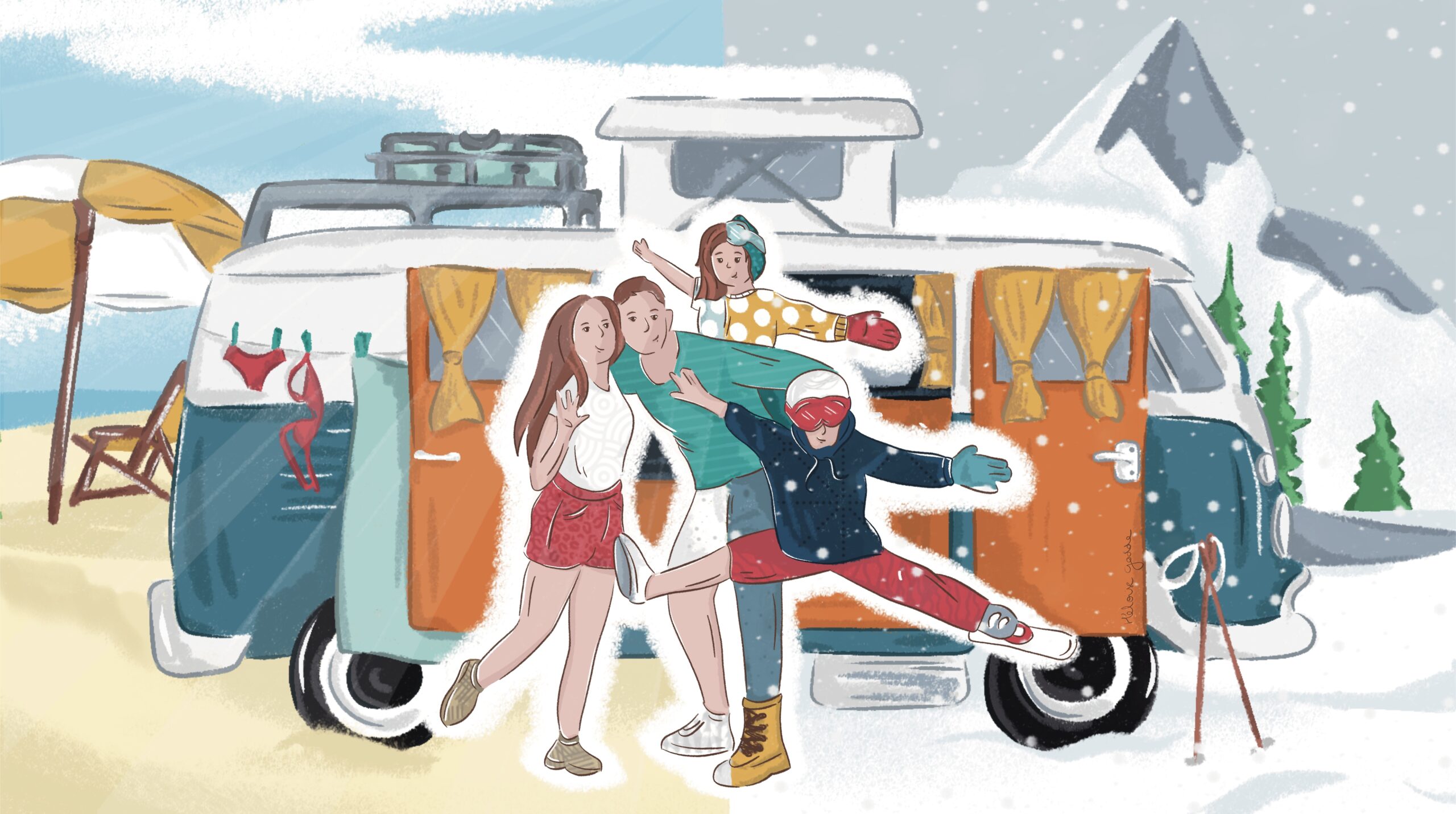 illustration camping car été comme hiver en famille