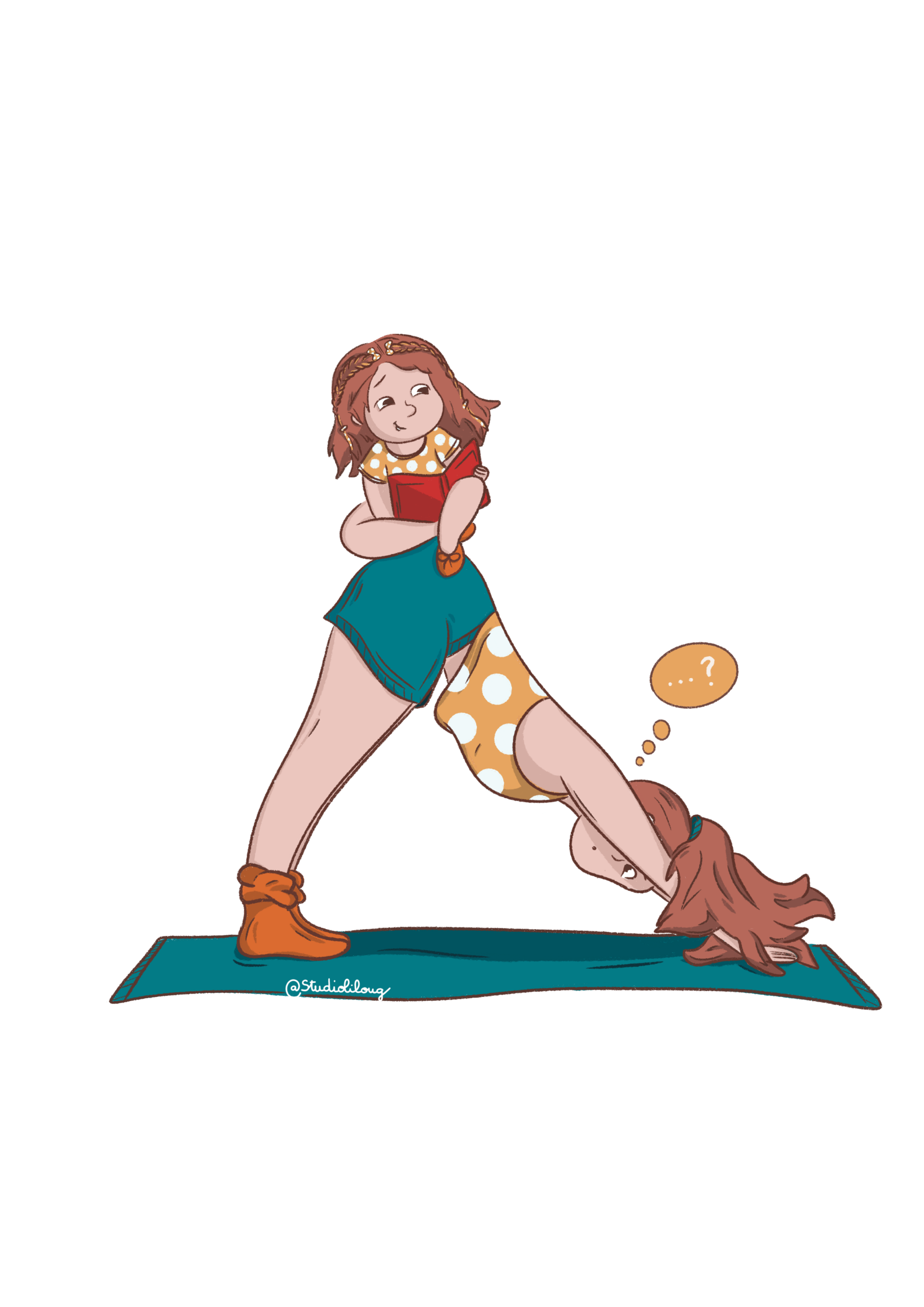 illustration d'enfant et femme humoristique en yoga et ses accessoires