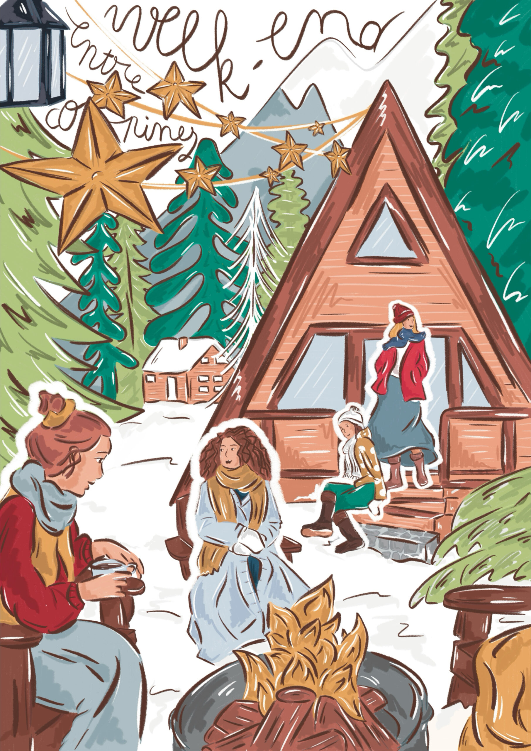 illustration de week end entre copine dans un lieu insolite sous la neige