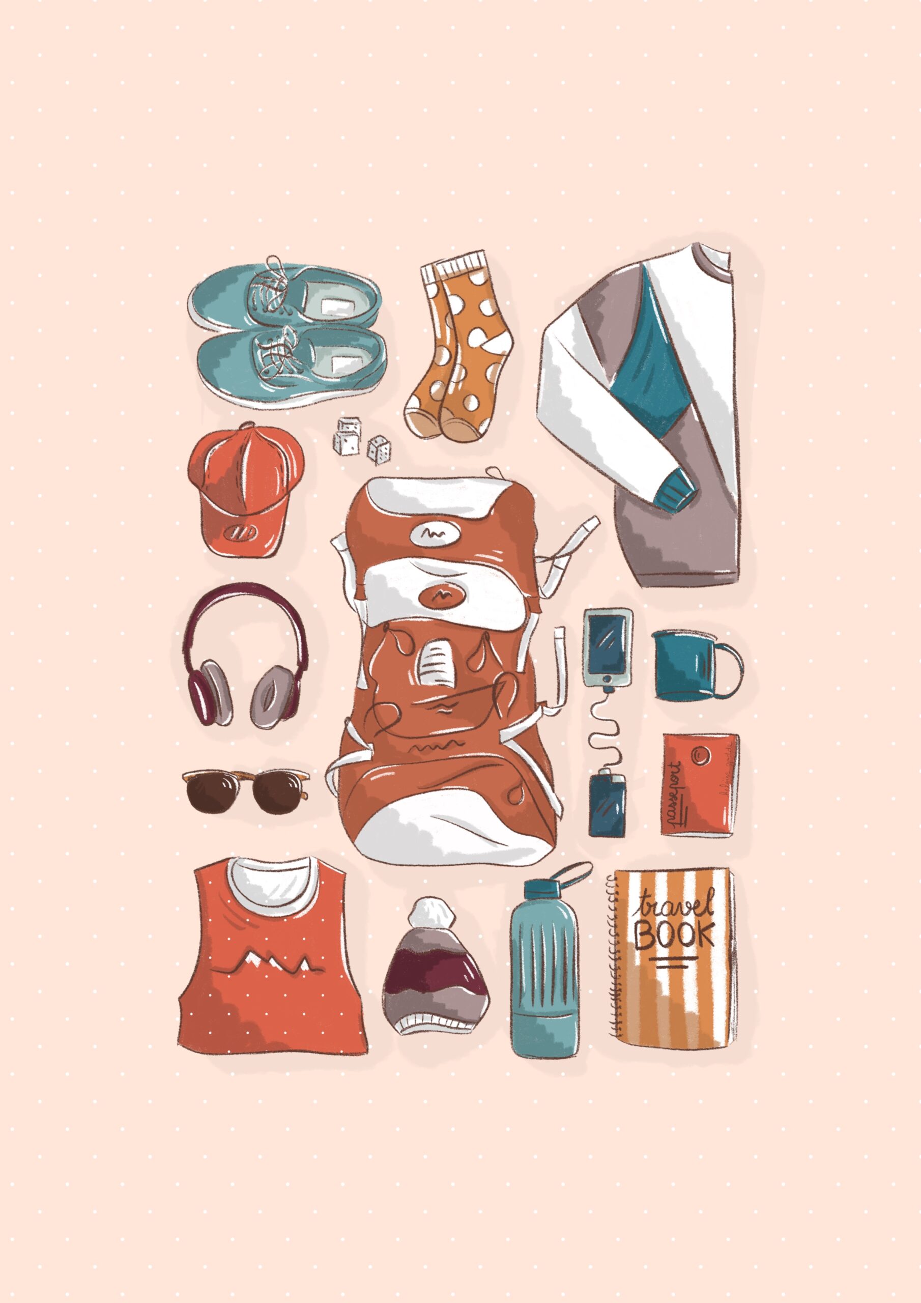 illustration d'un sac de randonnée avec ses affaires