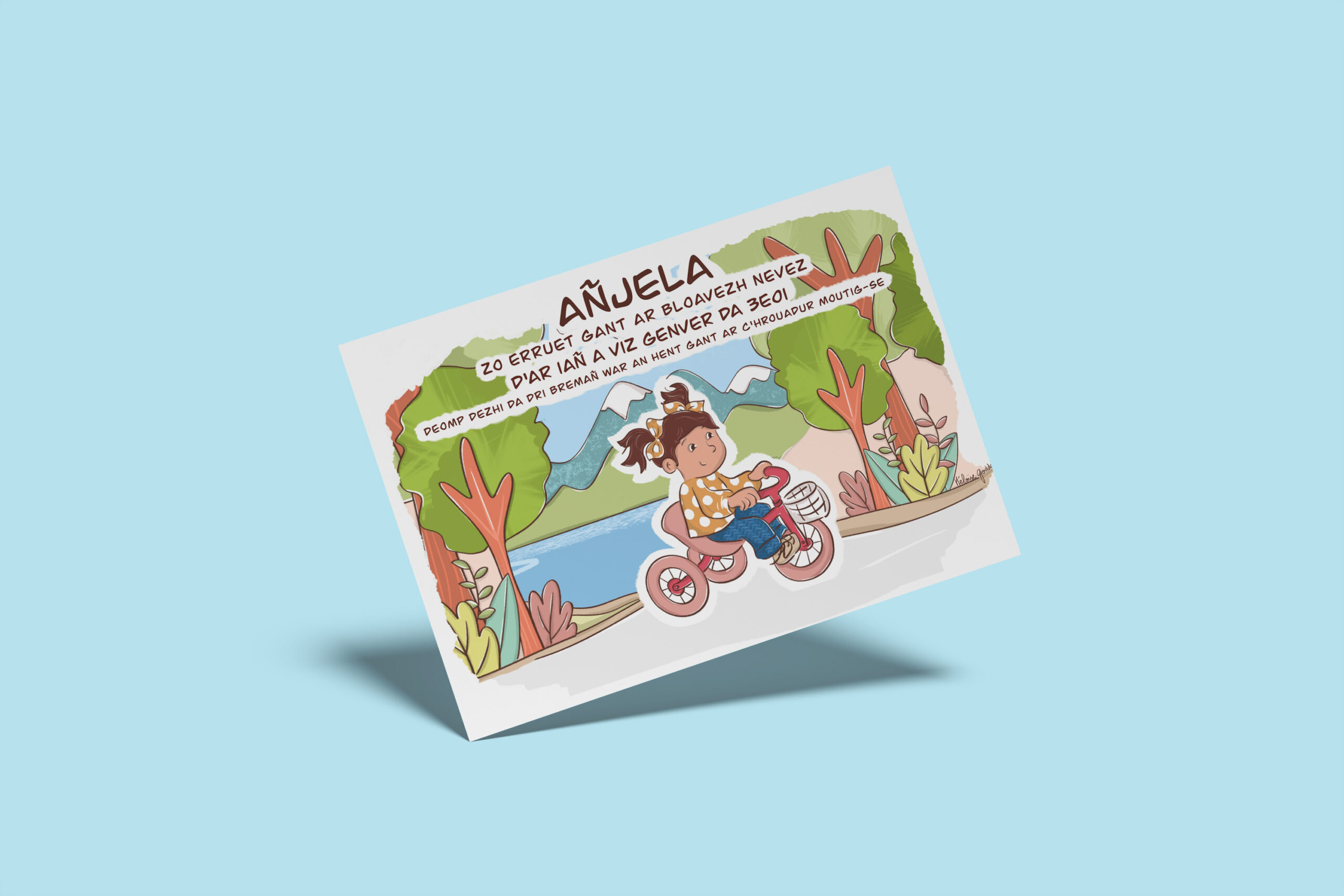 illustration d'une petite fille qui fait du vélo à roulette en campagne, montagne et au bord de la mer