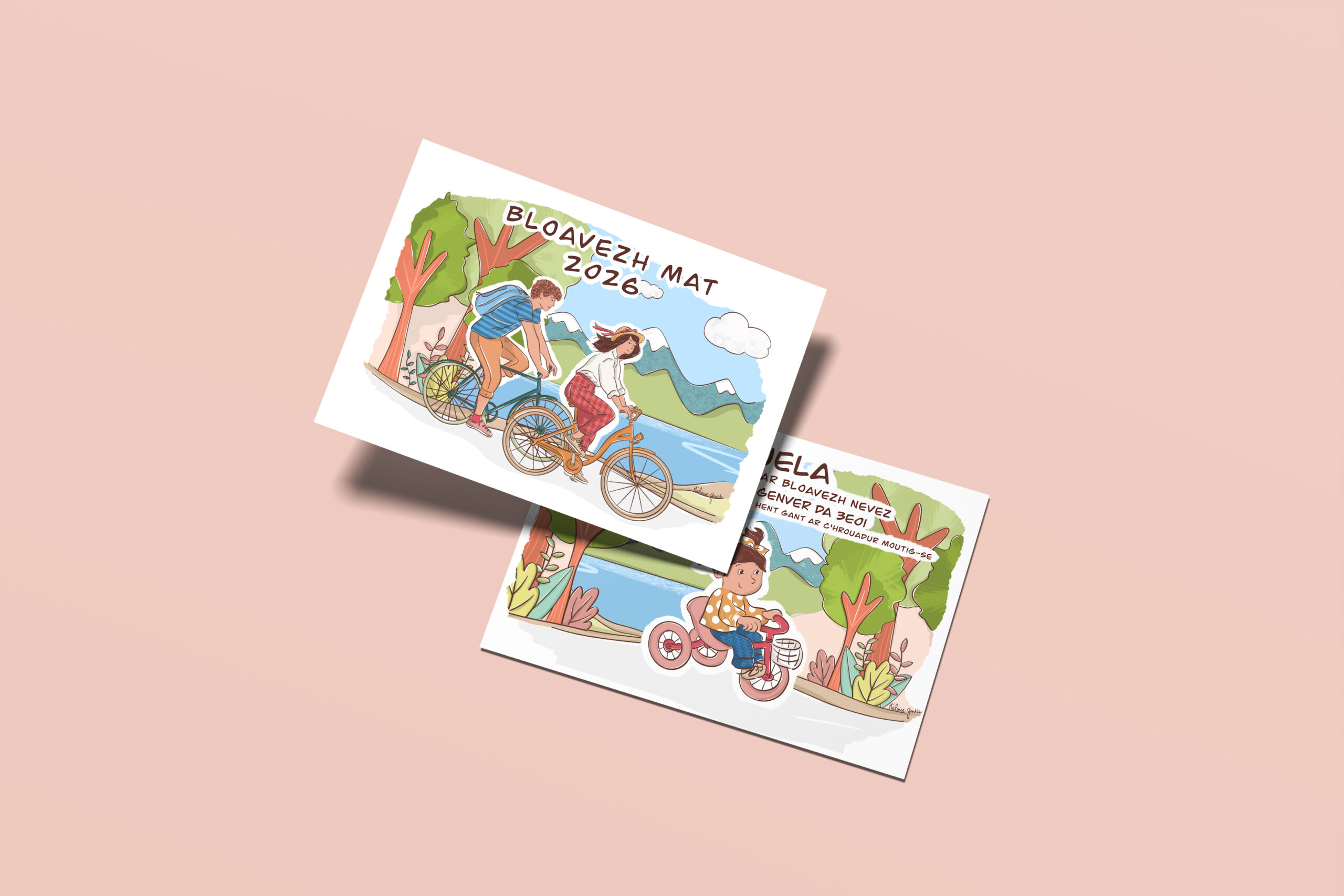 illustration d'une petite fille, d'une femme et d'un homme qui font du vélo en campagne, montagne et au bord de la mer