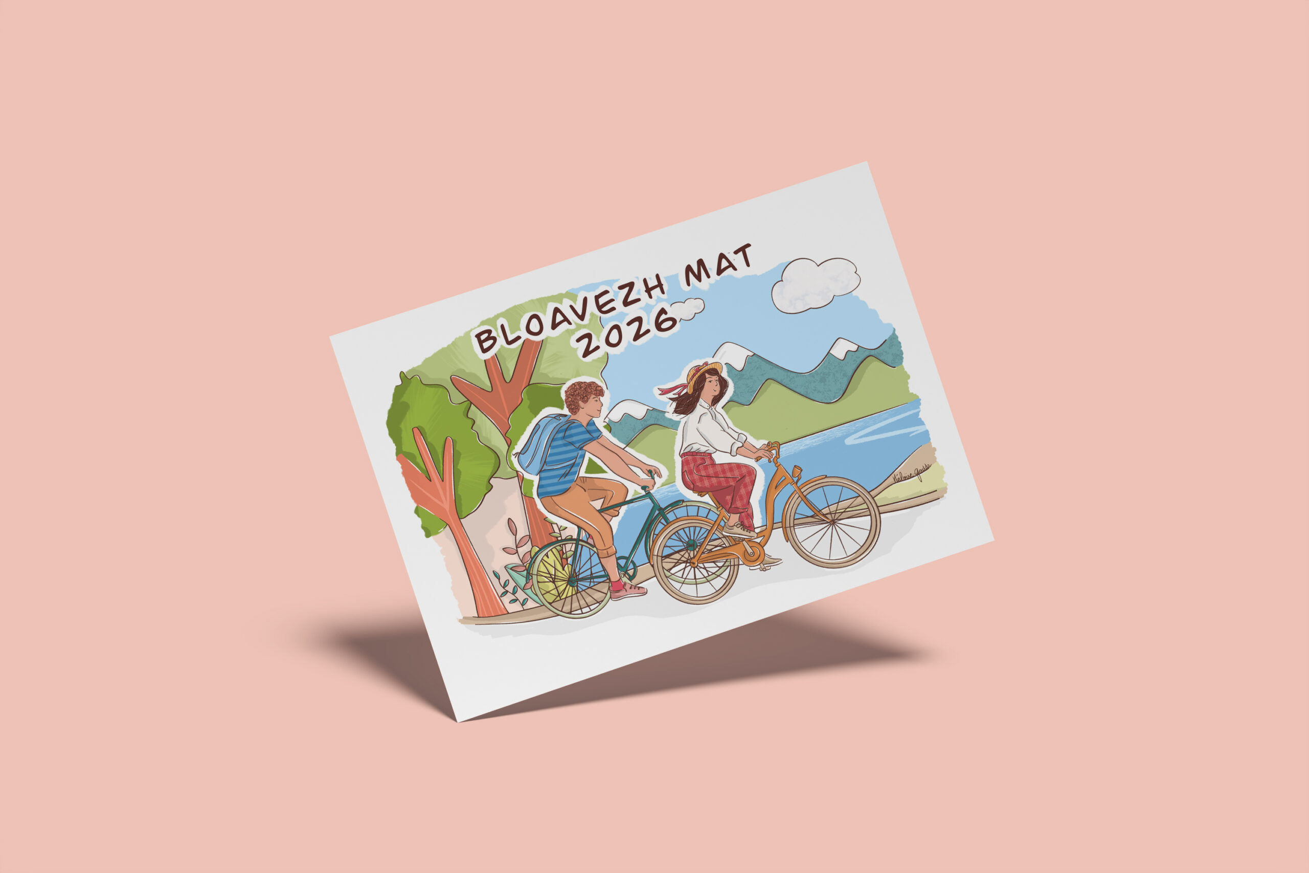 illustration d'une petite fille, d'une femme et d'un homme qui font du vélo en campagne, montagne et au bord de la mer