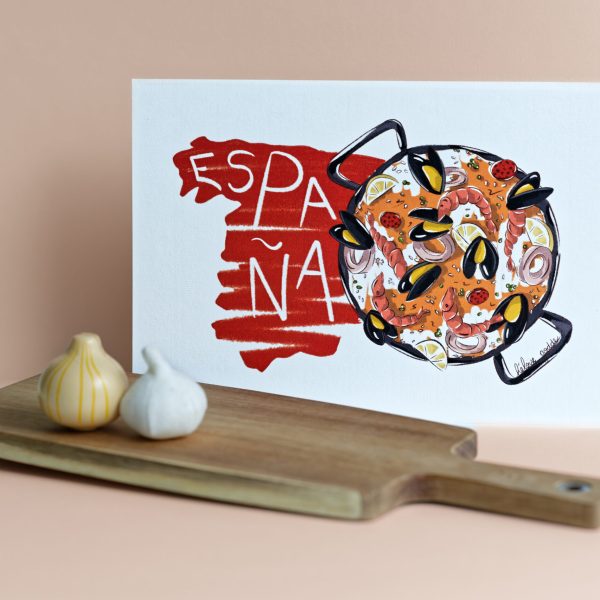 illustration colorée d'une paella sur un fond de carte d'espagne