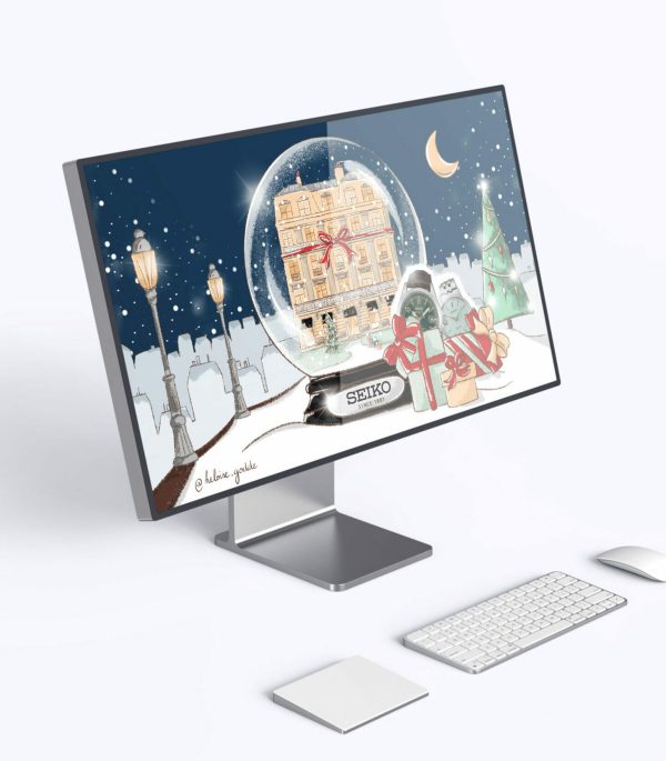 illustration de la randonnée de noel avec boule à neige pour seiko et le point sur desktop